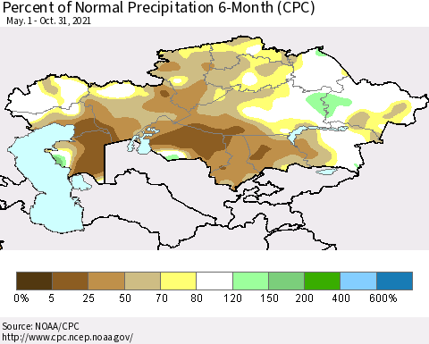 Kazakhstan Percent of Normal Precipitation 6-Month (CPC) Thematic Map For 5/1/2021 - 10/31/2021