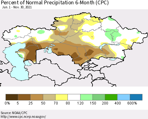 Kazakhstan Percent of Normal Precipitation 6-Month (CPC) Thematic Map For 6/1/2021 - 11/30/2021