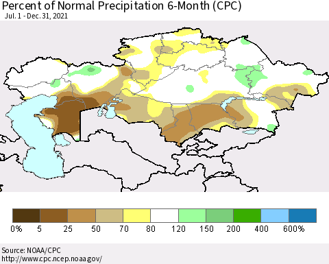 Kazakhstan Percent of Normal Precipitation 6-Month (CPC) Thematic Map For 7/1/2021 - 12/31/2021