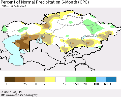 Kazakhstan Percent of Normal Precipitation 6-Month (CPC) Thematic Map For 8/1/2021 - 1/31/2022