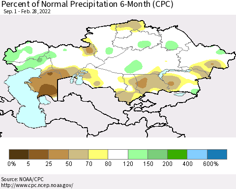 Kazakhstan Percent of Normal Precipitation 6-Month (CPC) Thematic Map For 9/1/2021 - 2/28/2022