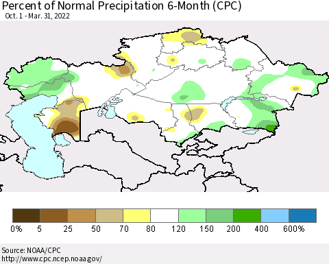 Kazakhstan Percent of Normal Precipitation 6-Month (CPC) Thematic Map For 10/1/2021 - 3/31/2022