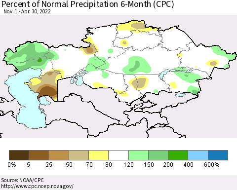 Kazakhstan Percent of Normal Precipitation 6-Month (CPC) Thematic Map For 11/1/2021 - 4/30/2022
