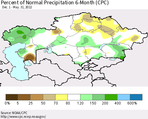 Kazakhstan Percent of Normal Precipitation 6-Month (CPC) Thematic Map For 12/1/2021 - 5/31/2022