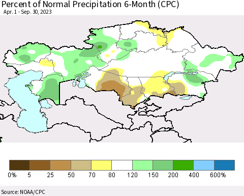 Kazakhstan Percent of Normal Precipitation 6-Month (CPC) Thematic Map For 4/1/2023 - 9/30/2023