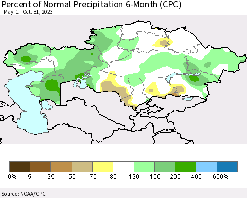 Kazakhstan Percent of Normal Precipitation 6-Month (CPC) Thematic Map For 5/1/2023 - 10/31/2023