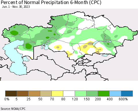 Kazakhstan Percent of Normal Precipitation 6-Month (CPC) Thematic Map For 6/1/2023 - 11/30/2023