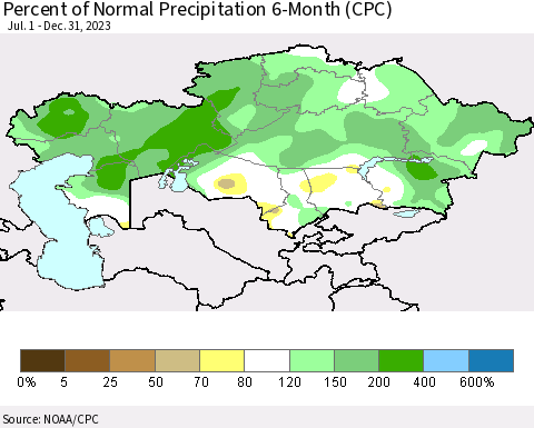 Kazakhstan Percent of Normal Precipitation 6-Month (CPC) Thematic Map For 7/1/2023 - 12/31/2023