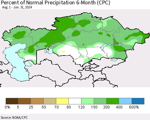 Kazakhstan Percent of Normal Precipitation 6-Month (CPC) Thematic Map For 8/1/2023 - 1/31/2024