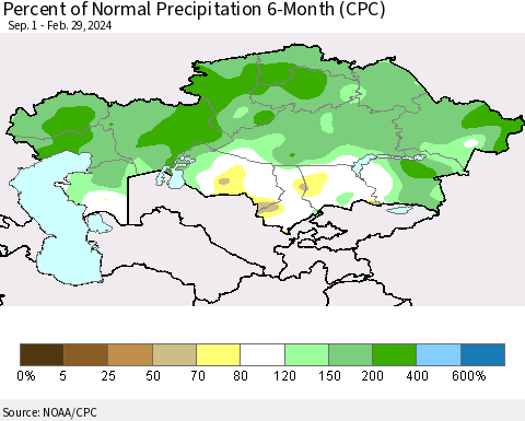 Kazakhstan Percent of Normal Precipitation 6-Month (CPC) Thematic Map For 9/1/2023 - 2/29/2024