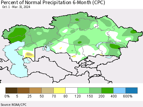 Kazakhstan Percent of Normal Precipitation 6-Month (CPC) Thematic Map For 10/1/2023 - 3/31/2024