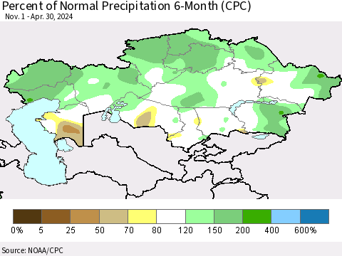 Kazakhstan Percent of Normal Precipitation 6-Month (CPC) Thematic Map For 11/1/2023 - 4/30/2024