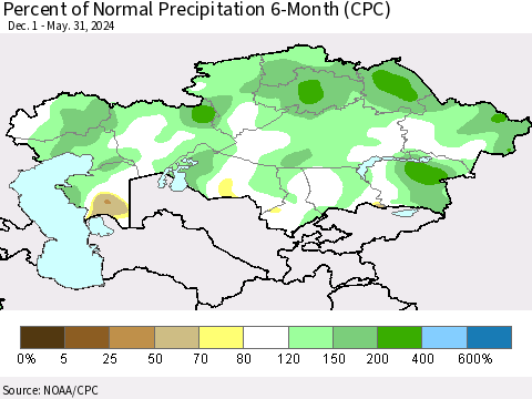 Kazakhstan Percent of Normal Precipitation 6-Month (CPC) Thematic Map For 12/1/2023 - 5/31/2024