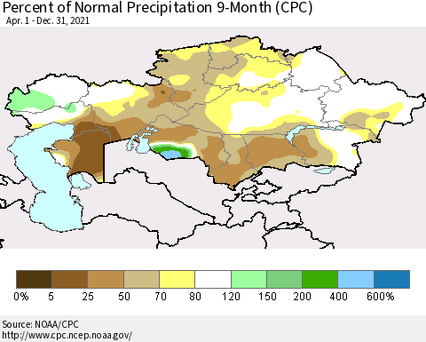 Kazakhstan Percent of Normal Precipitation 9-Month (CPC) Thematic Map For 4/1/2021 - 12/31/2021