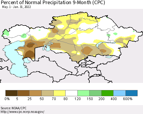 Kazakhstan Percent of Normal Precipitation 9-Month (CPC) Thematic Map For 5/1/2021 - 1/31/2022