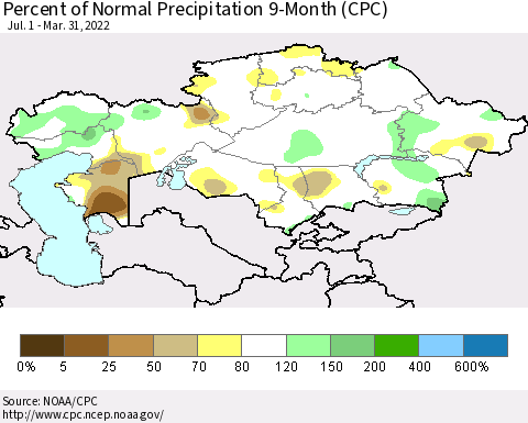Kazakhstan Percent of Normal Precipitation 9-Month (CPC) Thematic Map For 7/1/2021 - 3/31/2022