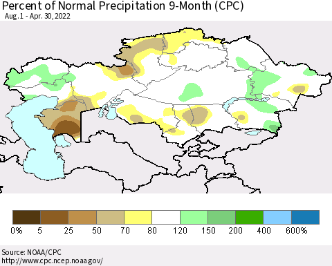 Kazakhstan Percent of Normal Precipitation 9-Month (CPC) Thematic Map For 8/1/2021 - 4/30/2022