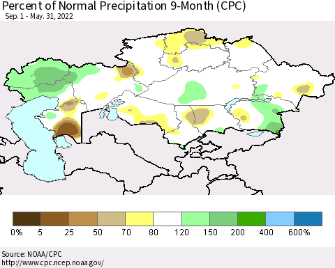 Kazakhstan Percent of Normal Precipitation 9-Month (CPC) Thematic Map For 9/1/2021 - 5/31/2022