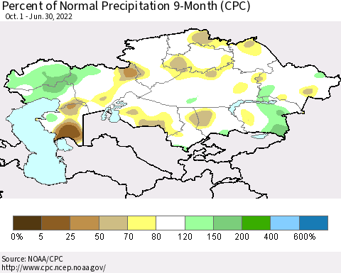 Kazakhstan Percent of Normal Precipitation 9-Month (CPC) Thematic Map For 10/1/2021 - 6/30/2022