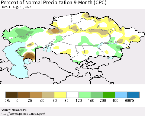Kazakhstan Percent of Normal Precipitation 9-Month (CPC) Thematic Map For 12/1/2021 - 8/31/2022