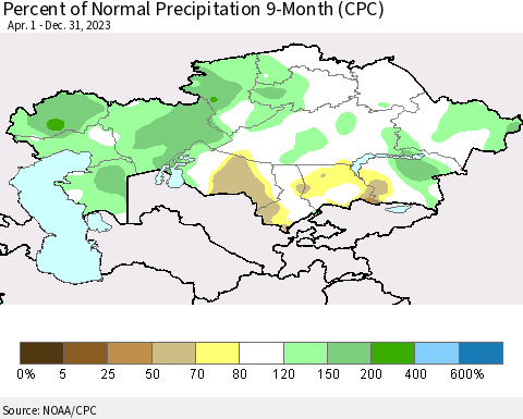Kazakhstan Percent of Normal Precipitation 9-Month (CPC) Thematic Map For 4/1/2023 - 12/31/2023