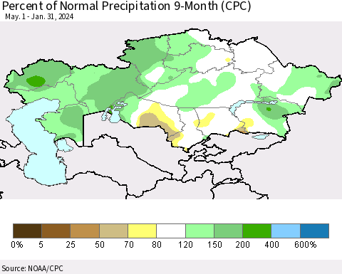 Kazakhstan Percent of Normal Precipitation 9-Month (CPC) Thematic Map For 5/1/2023 - 1/31/2024