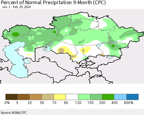 Kazakhstan Percent of Normal Precipitation 9-Month (CPC) Thematic Map For 6/1/2023 - 2/29/2024