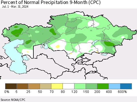 Kazakhstan Percent of Normal Precipitation 9-Month (CPC) Thematic Map For 7/1/2023 - 3/31/2024