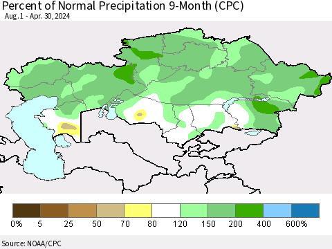Kazakhstan Percent of Normal Precipitation 9-Month (CPC) Thematic Map For 8/1/2023 - 4/30/2024