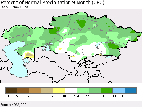 Kazakhstan Percent of Normal Precipitation 9-Month (CPC) Thematic Map For 9/1/2023 - 5/31/2024