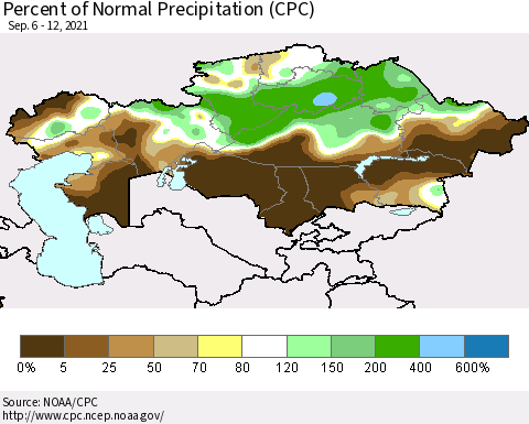 Kazakhstan Percent of Normal Precipitation (CPC) Thematic Map For 9/6/2021 - 9/12/2021