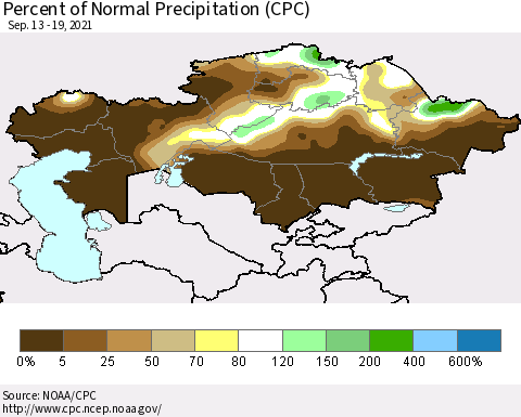 Kazakhstan Percent of Normal Precipitation (CPC) Thematic Map For 9/13/2021 - 9/19/2021