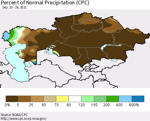 Kazakhstan Percent of Normal Precipitation (CPC) Thematic Map For 9/20/2021 - 9/26/2021