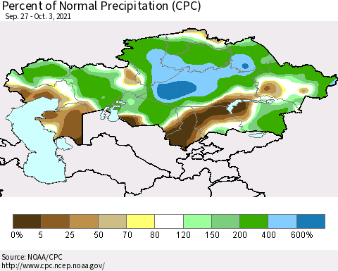 Kazakhstan Percent of Normal Precipitation (CPC) Thematic Map For 9/27/2021 - 10/3/2021