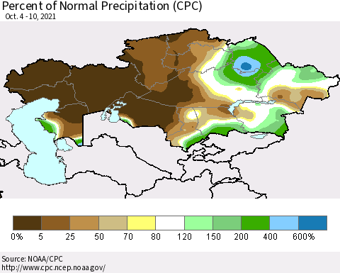 Kazakhstan Percent of Normal Precipitation (CPC) Thematic Map For 10/4/2021 - 10/10/2021