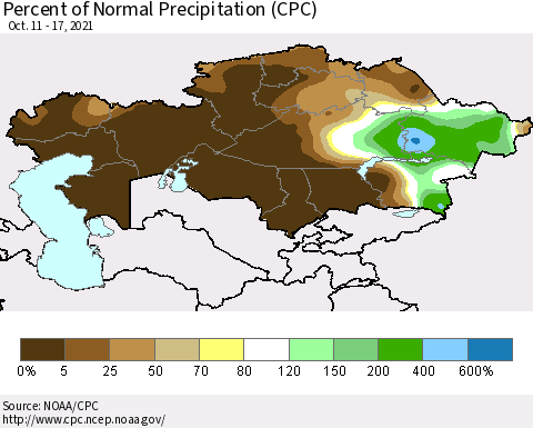 Kazakhstan Percent of Normal Precipitation (CPC) Thematic Map For 10/11/2021 - 10/17/2021