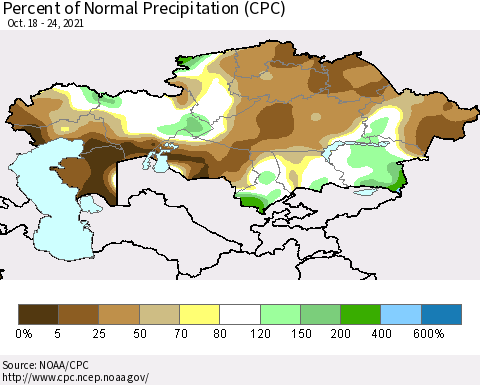 Kazakhstan Percent of Normal Precipitation (CPC) Thematic Map For 10/18/2021 - 10/24/2021