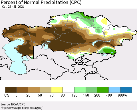 Kazakhstan Percent of Normal Precipitation (CPC) Thematic Map For 10/25/2021 - 10/31/2021