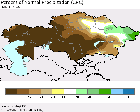 Kazakhstan Percent of Normal Precipitation (CPC) Thematic Map For 11/1/2021 - 11/7/2021