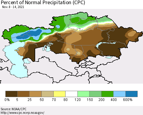 Kazakhstan Percent of Normal Precipitation (CPC) Thematic Map For 11/8/2021 - 11/14/2021