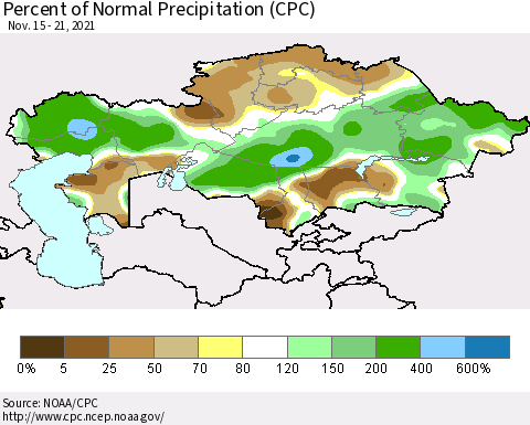 Kazakhstan Percent of Normal Precipitation (CPC) Thematic Map For 11/15/2021 - 11/21/2021