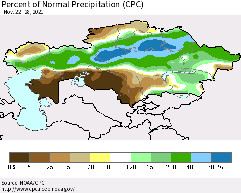 Kazakhstan Percent of Normal Precipitation (CPC) Thematic Map For 11/22/2021 - 11/28/2021