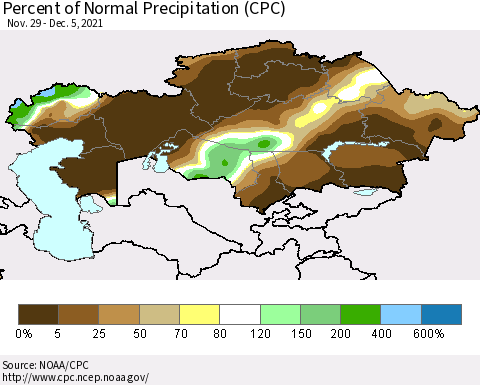 Kazakhstan Percent of Normal Precipitation (CPC) Thematic Map For 11/29/2021 - 12/5/2021