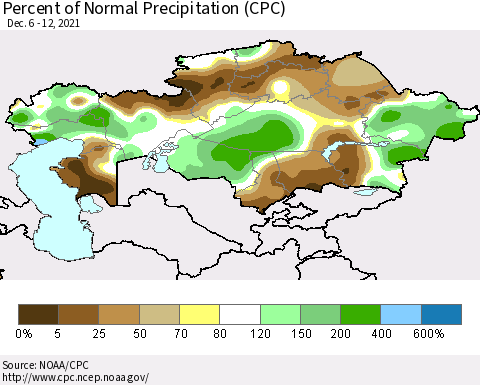 Kazakhstan Percent of Normal Precipitation (CPC) Thematic Map For 12/6/2021 - 12/12/2021