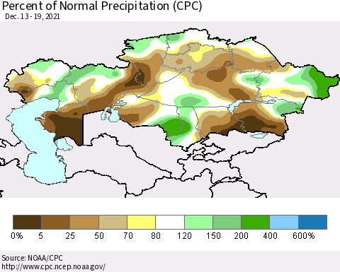 Kazakhstan Percent of Normal Precipitation (CPC) Thematic Map For 12/13/2021 - 12/19/2021