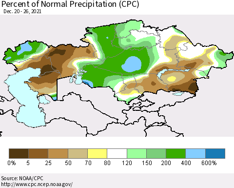 Kazakhstan Percent of Normal Precipitation (CPC) Thematic Map For 12/20/2021 - 12/26/2021