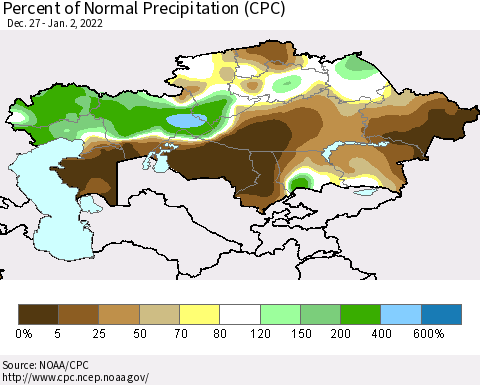 Kazakhstan Percent of Normal Precipitation (CPC) Thematic Map For 12/27/2021 - 1/2/2022