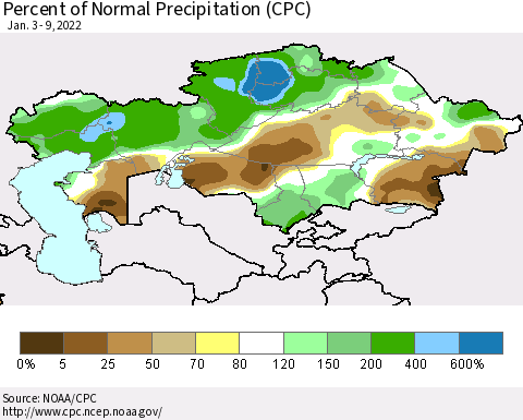 Kazakhstan Percent of Normal Precipitation (CPC) Thematic Map For 1/3/2022 - 1/9/2022