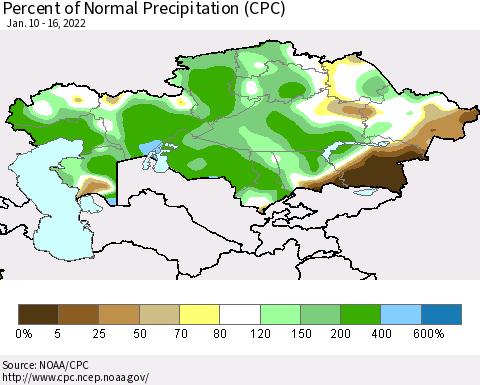 Kazakhstan Percent of Normal Precipitation (CPC) Thematic Map For 1/10/2022 - 1/16/2022