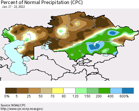 Kazakhstan Percent of Normal Precipitation (CPC) Thematic Map For 1/17/2022 - 1/23/2022